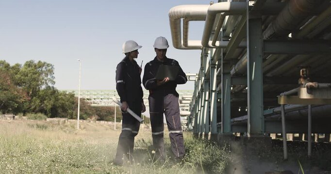 Two mechanical engineers performed detailed inspections and maintenance on a pipeline system that is meticulously designed for the transportation of oil, natural gas, and fuel within an industrial fac
