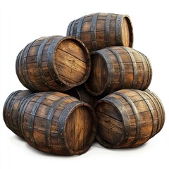 Fototapeta premium A collection of weathered barrels is arranged in a compact pile, showcasing their wooden texture and metal bands against a plain white backdrop