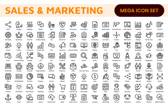 Sales and Marketing Icon Set. A dynamic collection of icons designed to enhance branding, promotions, and customer engagement, perfect for marketing materials and business applications.