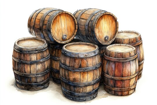 Wooden beer barrels are stacked neatly, highlighting traditional craftsmanship and a rustic vibe often associated with breweries and aging processes