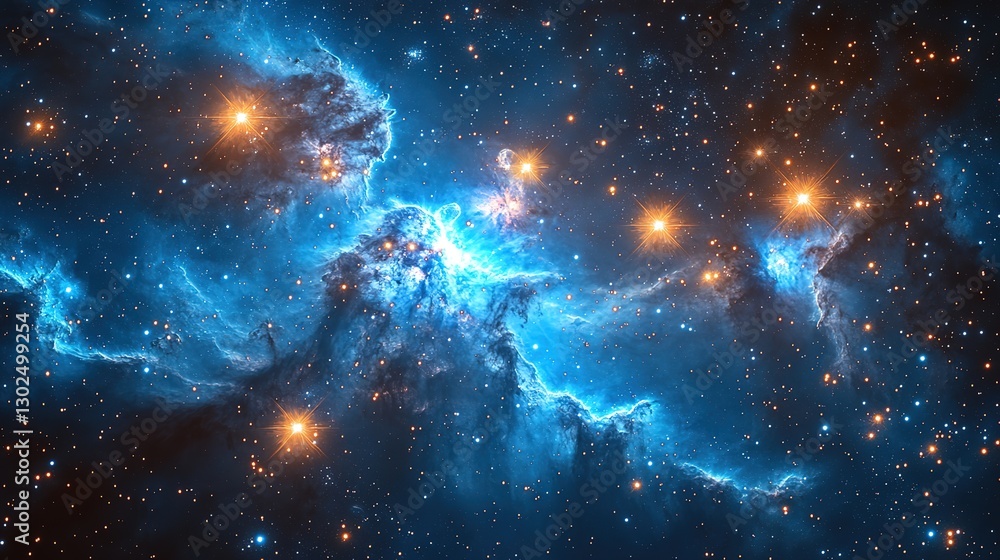 Poster cosmic deep blue galaxy with twinkling shining stars and soft glowing nebulae creating a space atmos