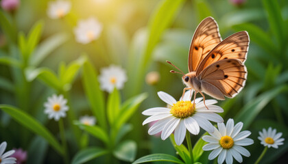 Butterfly resting on a flower in a blooming garden, symbolizing nature's harmony