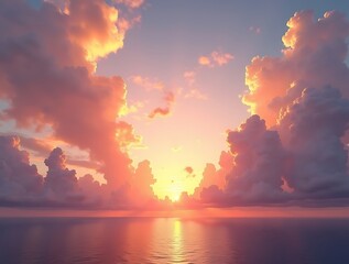 Dramatic sunset sky with the sun setting on the horizon, surrounded by large clouds illuminated by golden light, creating a warm and peaceful atmosphere over the calm ocean  
