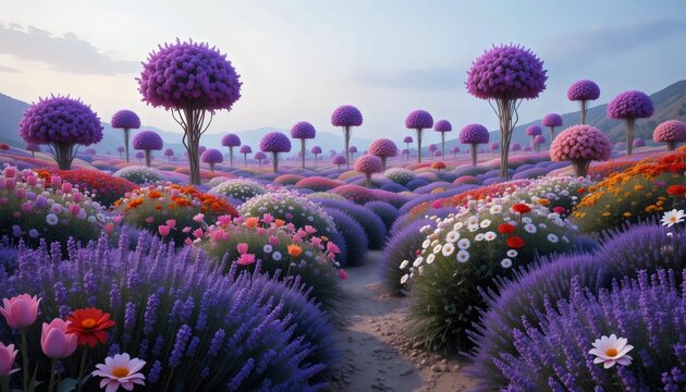 Surreal Floral Oasis with Lavender, Tulips, and Dreamy Blooms