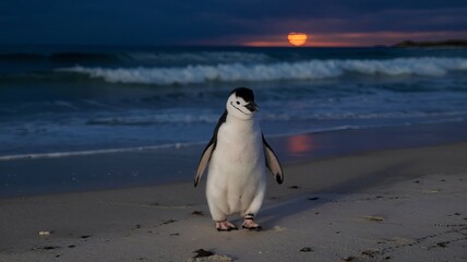 Adorable Baby Penguin Walking on a Sandy Beach with Ocean Waves Behind
