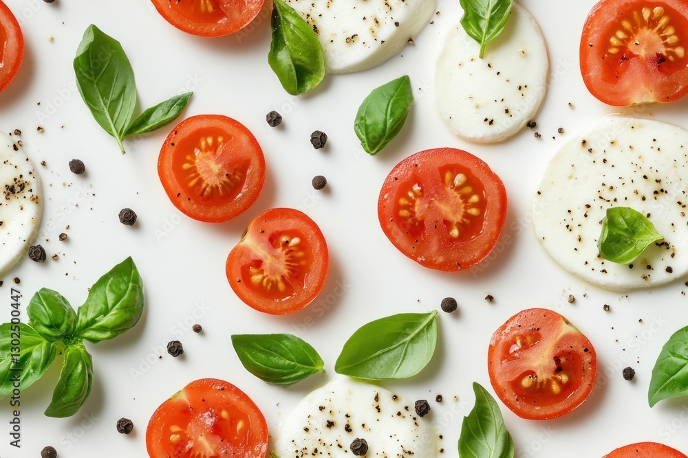 Aufkleber sliced tomatoes and mozzarella with fresh basil create a colorful and appetizing display on a white 