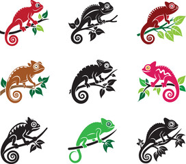 chameleon on branch vector silhouette illustration logo art bundle set