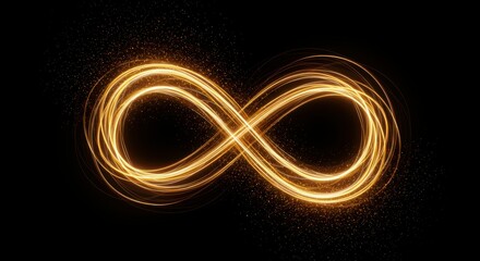 Golden infinity symbol made of light trails on black background