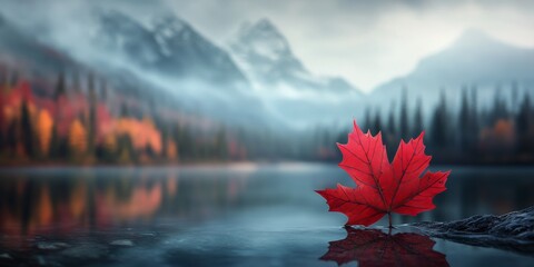 Red maple leaf floating on a misty lake in the canadian rockies