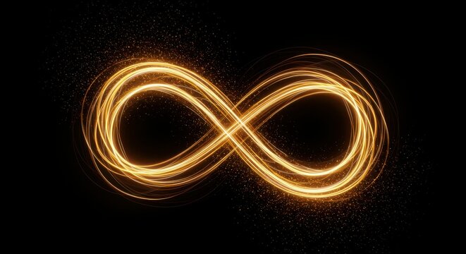 Golden infinity symbol made of light trails on black background