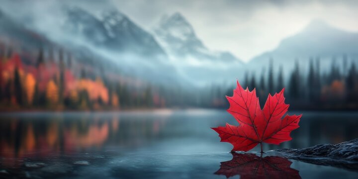 Red maple leaf floating on a misty lake in the canadian rockies