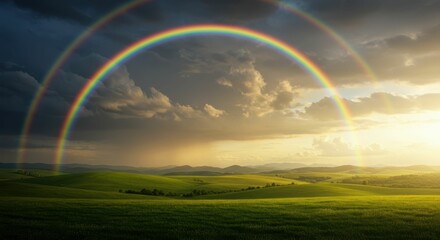Naklejka premium Vibrant rainbow over serene green hills at sunset with dramatic clouds