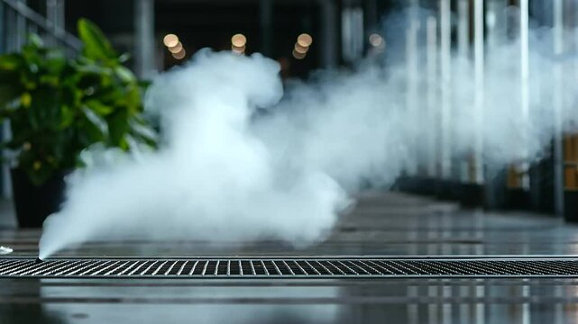 A factory floor showcasing a horizontal shell-and-tube heat exchanger, with steam vents releasing pressure in the background.
