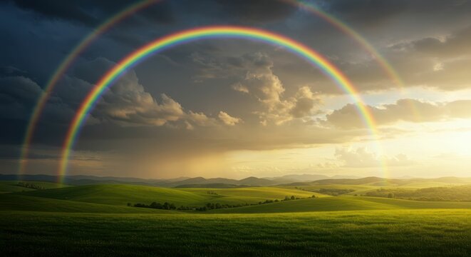 Vibrant rainbow over serene green hills at sunset with dramatic clouds