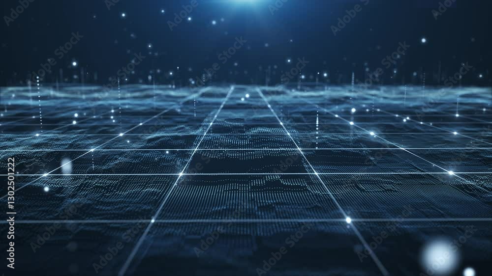 Poster abstract digital data landscape with glowing particles and dynamic lines on a dark background, 3d an