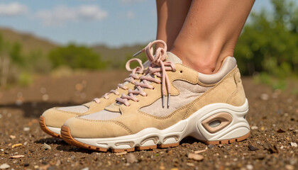 Naklejka premium Beige hiking sneakers on a dirt path outdoors. market, sale, clothing swap event, recycled materials, homespun, handmade, national traditions, natural wool, cotton, Zero Waste Fashion,