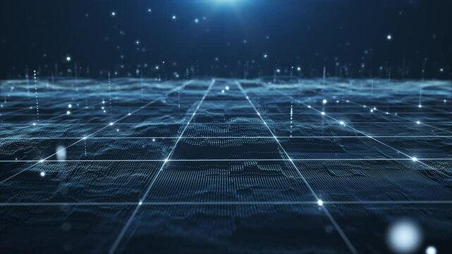 Abstract digital data landscape with glowing particles and dynamic lines on a dark background, 3d animation.