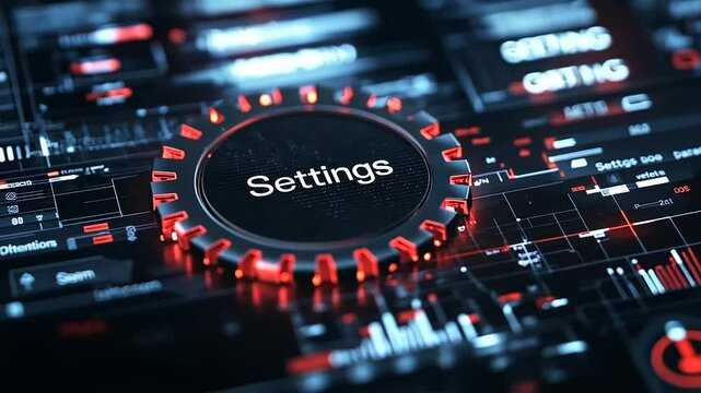 A sleek gear icon with glowing edges, surrounded by data charts and graphs, accompanied by the word Settings in bold modern typography, symbolizing customization in data visualiz