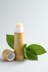 Lip balm and leaves on white background, closeup