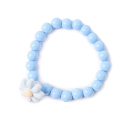 One blue hair tie with flower isolated on white, top view