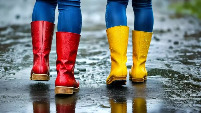 Two individuals in colorful rain boots walking through a puddle on a rainy day