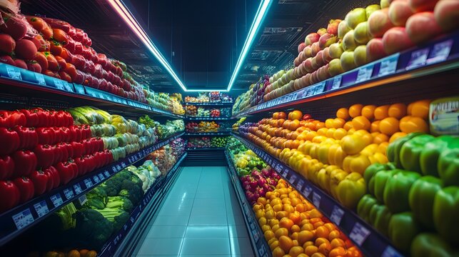 Freshness Unleashed: A dazzling display of vibrant produce fills a well-lit grocery store aisle, beckoning shoppers with nature's bounty and fresh choices. 