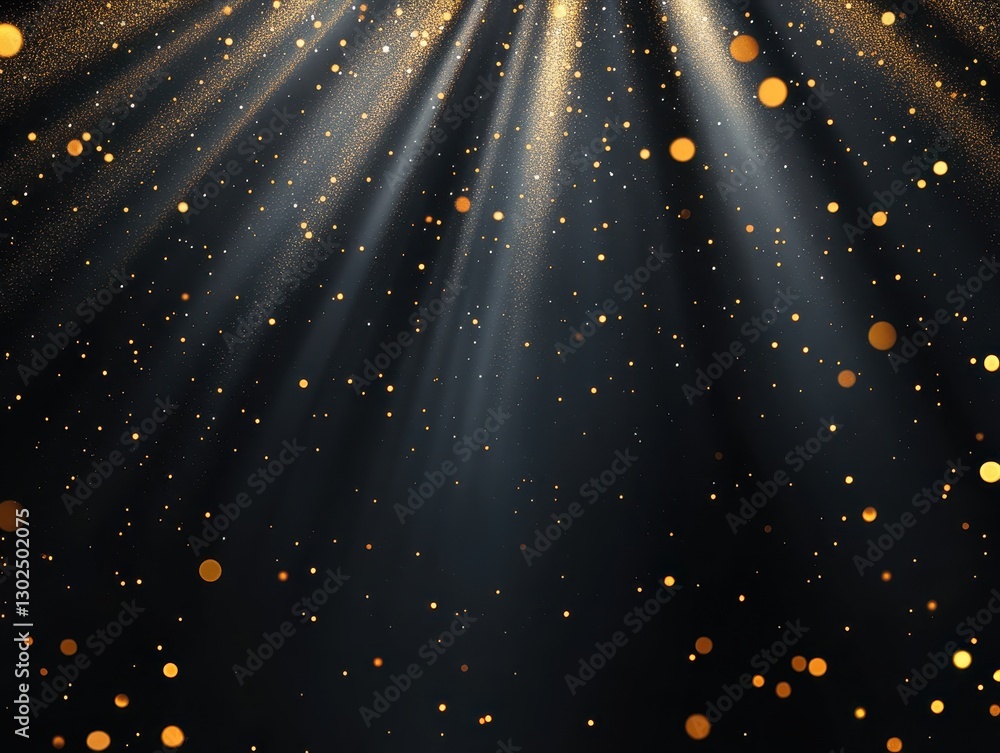Poster golden light rays scattering through a dark background filled with shimmering particles