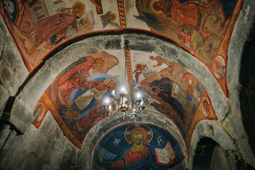 Byzantine-style frescoes inside Antioch Chapel, Mtskheta, Georgia, depicting religious biblical...