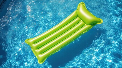 Top view of inflatable swimming mattress in turquoise pool with clear transparent water on hot summer day