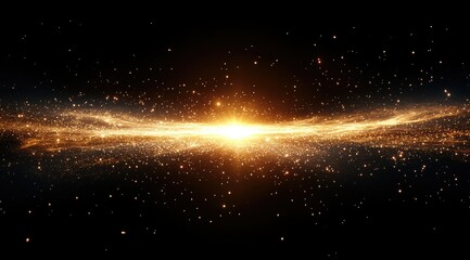 Obraz premium Vast expanse of space, glowing golden-orange nebula, cosmic dust, intense light source, celestial formations, brilliant particles, black background, futuristic, stellar, astronomical