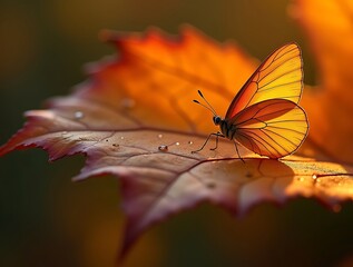 Obraz premium Butterfly resting on a wet autumn leaf with dewdrops in warm golden sunlight. Nature and wildlife close-up