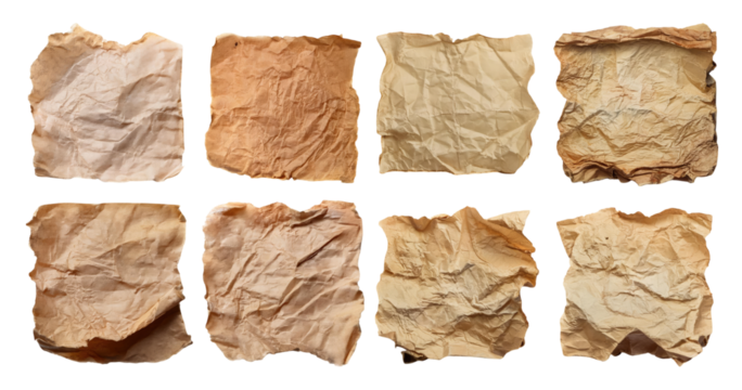 Crumpled Paper Textures Collection for Creative Design Projects, PNG bundle collection, Isolated on Transparent Background