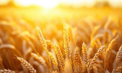 Fototapeta premium Golden wheat field at sunset, close up view of wheat heads, warm golden light illuminating the field, nature scene