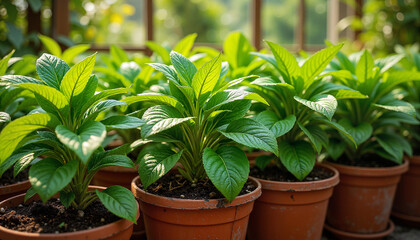 Lush green plants in terracotta pots, container gardening ideas for blogs, landscaping sites