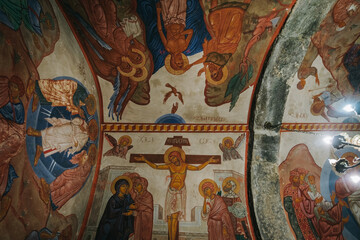 Byzantine-style frescoes inside Antioch Chapel, Mtskheta, Georgia, depicting religious biblical...