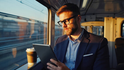 Man in suit reading on tablet while traveling on train, enjoying coffee, working online concept.