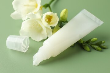 Lip balm and freesia flowers on light green background, closeup
