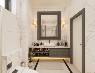 Modern style luxury white bathroom with marble stone 3d render illustration.
