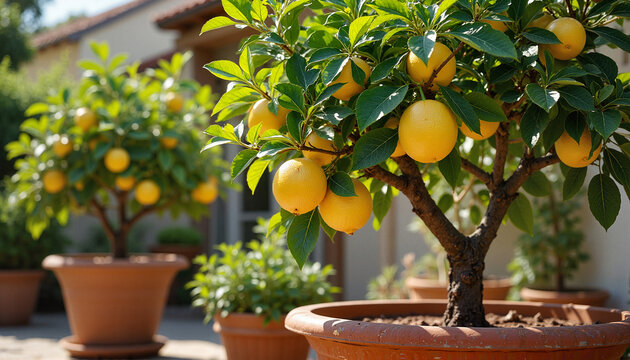 Potted lemon tree bearing yellow fruits, growing citrus for urban garden blogs, websites