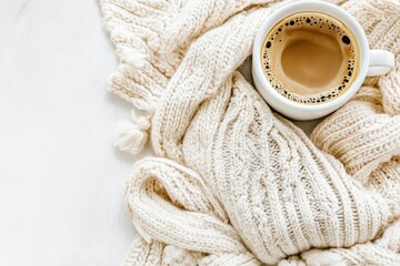 Cozy Hot Coffee Cup Nestled in a Soft Cream Knitted Sweater Scarf on a White Table