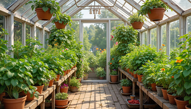 Greenhouse interior with diverse potted plants, indoor gardening for websites, plant care blogs