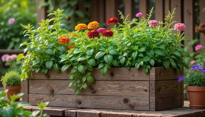 Colorful flowers in a wooden rooftop planter, urban gardening for vibrant city living blogs