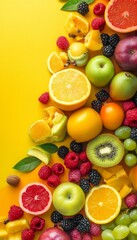 Vibrant artistic display featuring an array of fresh fruits against a colorful background