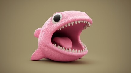 Naklejka premium Cute Pink Cartoon Shark Figurine with Open Mouth and Big Eyes on Neutral Background