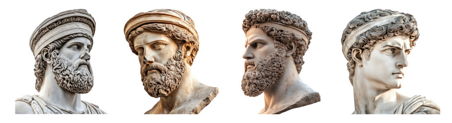 Four Classical Marble Busts Presenting Ancient Greek Sculpture Art, PNG bundle collection, Isolated on Transparent Background
