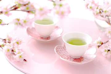 Two cups of  japanese green tea with three-colored dumplings, Sakura flowers  お茶と三色団子　さくらの花