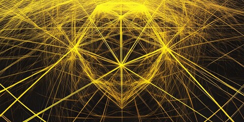 Golden Geometric Web: A vibrant golden geometric web of lines, forming intricate patterns and shapes, glows against a dark backdrop, exuding a sense of futuristic design.