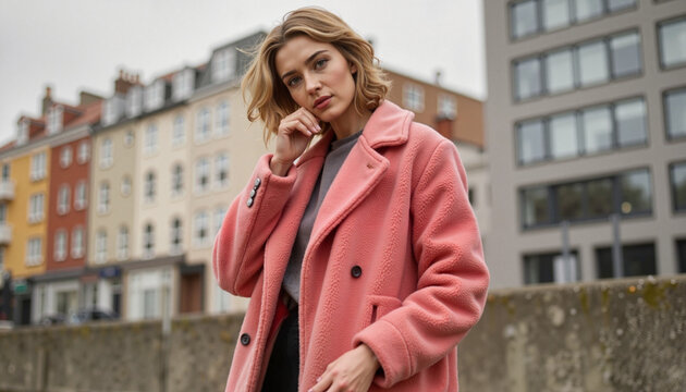 Stylish woman in pink coat posing in urban setting. market, sale, clothing swap event, recycled materials, homespun, handmade, national traditions, natural wool, cotton, Zero Waste Fashion,