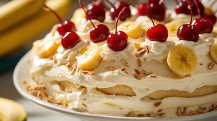 Delicious Banana Cream Cake Topped with Cherries and Whipped Cream