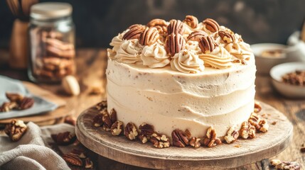 Delicious Buttercream Frosted Cake with Pecans and Nuts Decoration